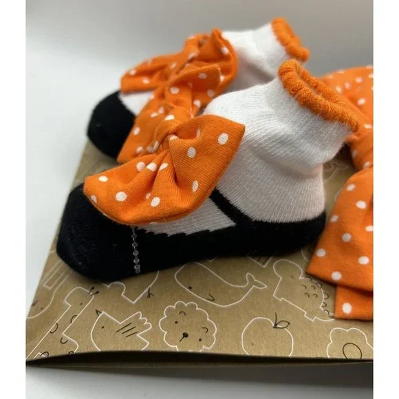 Fall Halloween Hat Socks Baby Girl Gift Set Orange Black Bow Polka Dots 0-6M New - Picture 3 of 7